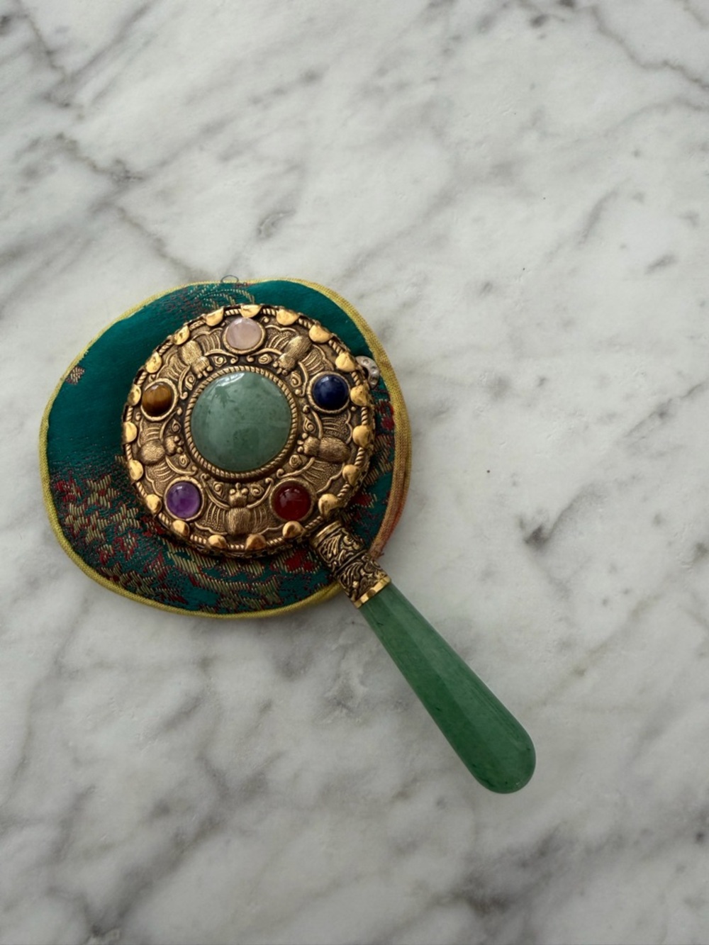 Gold-Tone Brooch with Green Stone and Multicolor Accents